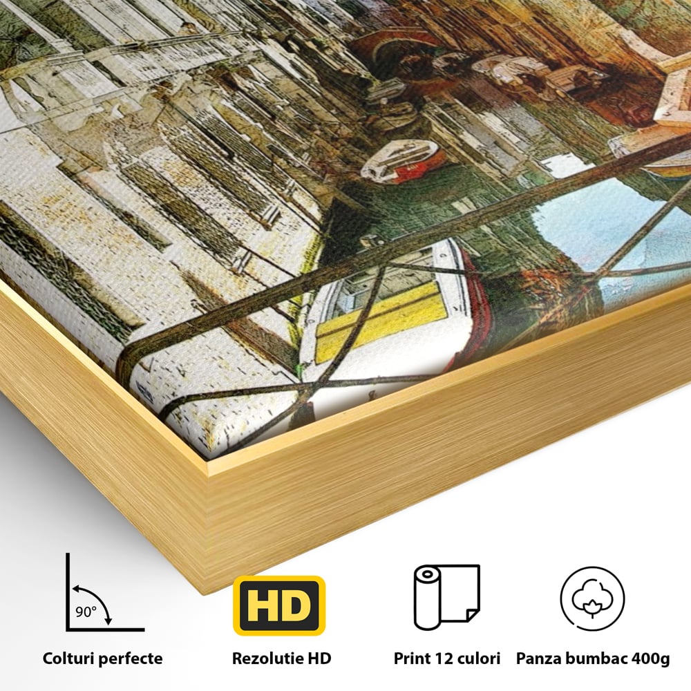 Detaliu al suprafetei: tablou canvas cu peisaj venetian, in rama de aluminiu auriu